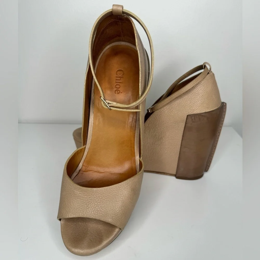 Chloe Beige Leather Platform Sandals Sz 40.5